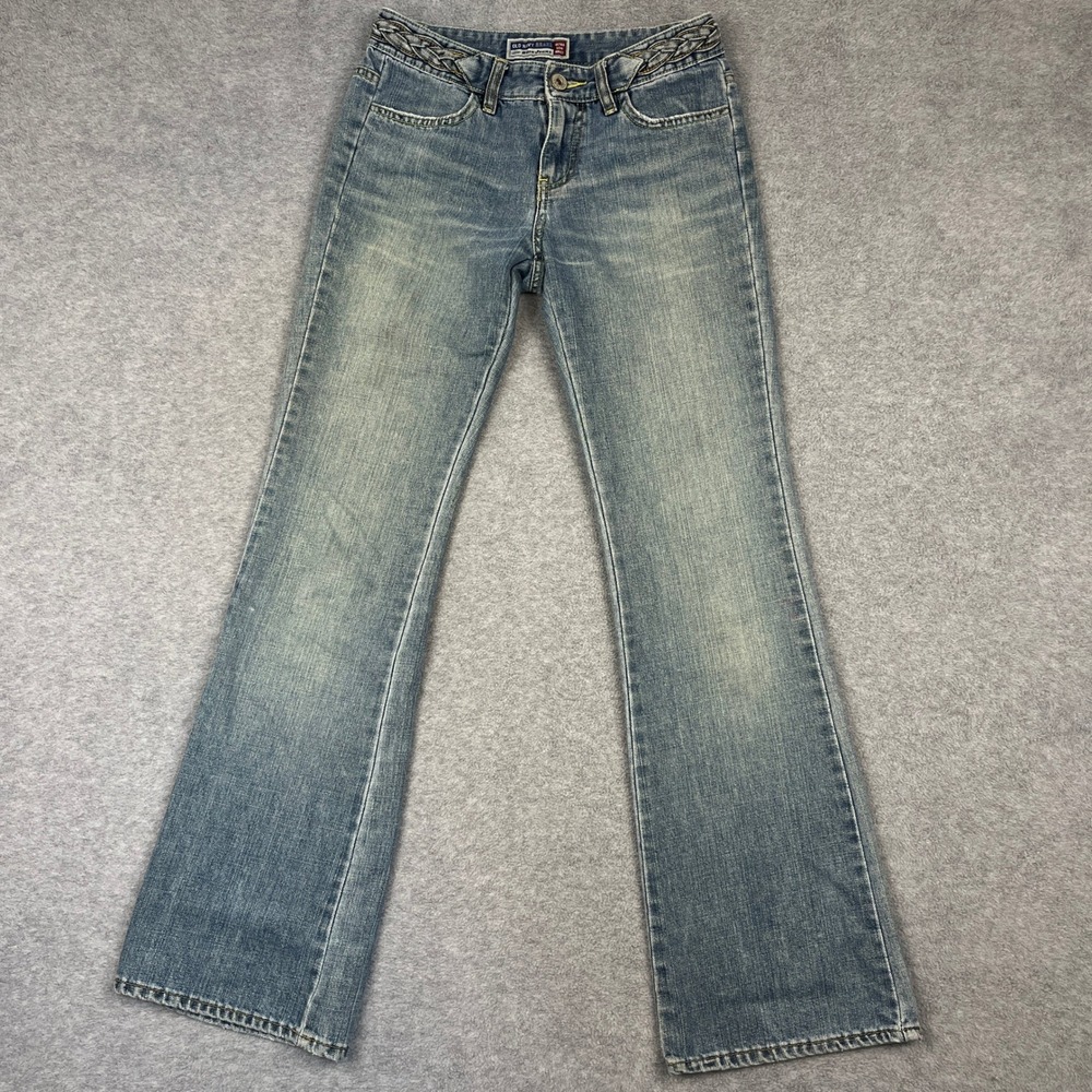 Y2K Old Navy Jeans Womens 2 Ultra Low Waist Flare Braided Denim Yellow Stitch